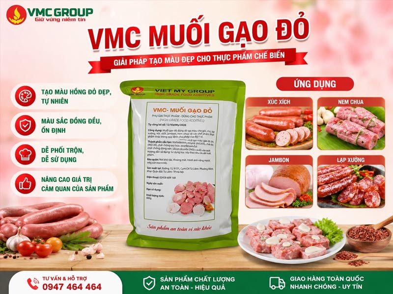 VMC Muối gạo đỏ - giải pháp tạo màu đỏ hồng đẹp cho lạp xưởng, thịt xá xíu